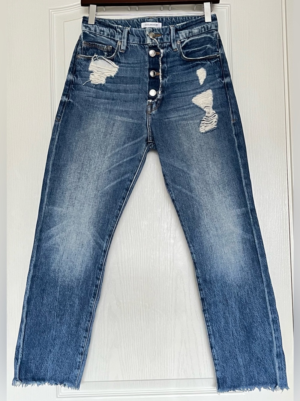 Good American Good Cuts High Rise Straight Leg Distressed Jeans 24 Rigid Cotton